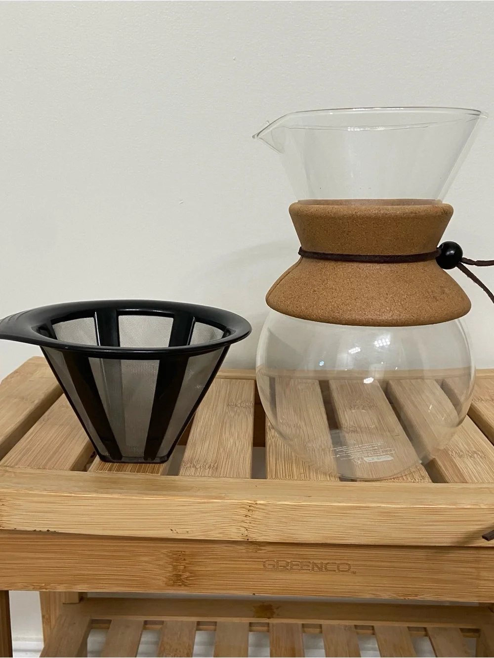 Bodum Pour Over Coffee Maker Glass Carafe Cork Collar Reusable Filter